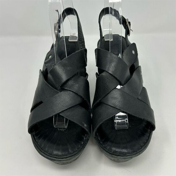 Born Women's Black Leather Strappy Studded Slingback Wedge Sandals Size 7 - Picture 7 of 15